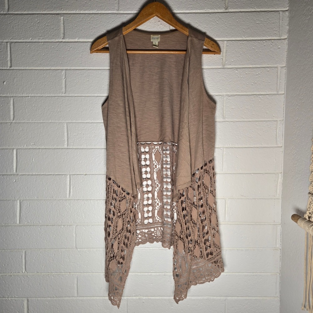 Zenergy‎ by Chico's Crochet Lace Open Front Vest 1 Medium 8 Boho Artsy Hippie